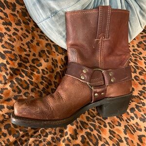 Frye Brown Leather Harness Ankle Boots